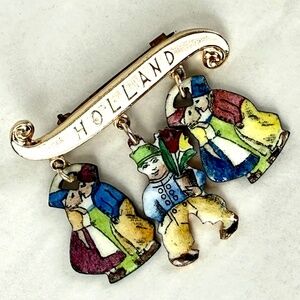 Antique Enamel Pin Holland Banner 3 Boys Girls Dangling Charms Souvenir Brooch